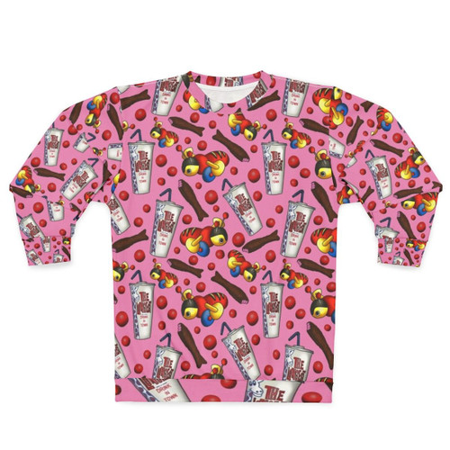 Pink sweatshirt with kiwiana-inspired design