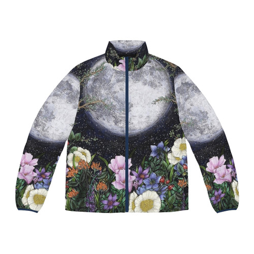 Midnight Garden II Puffer Jacket - Enchanted Nature Pen Art by Ella Mazur