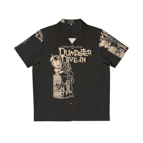 A person wearing a colorful Hawaiian shirt with a dumpster fire design