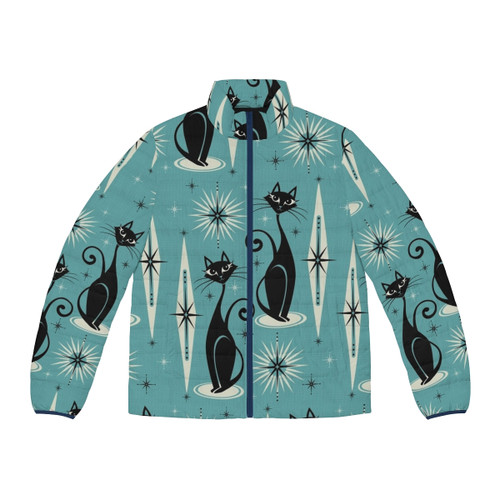 Mid century modern puffer jacket with atomic cat and starburst design