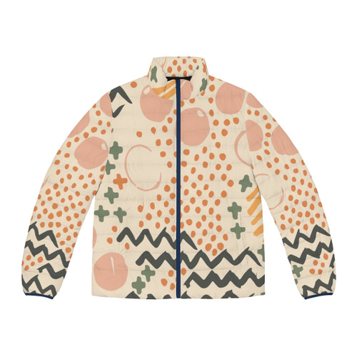 A vibrant, textured puffer jacket with a mid-century modern, Scandinavian-inspired design