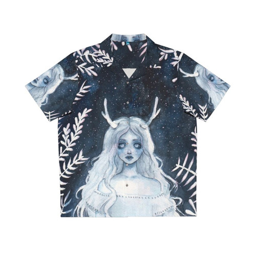 Surreal macabre Hawaiian shirt with fantasy forest and skeleton design