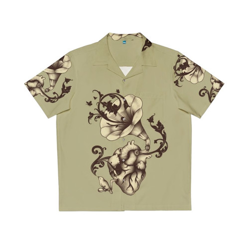 Surreal Hawaiian shirt with heart anatomy, gramophone, and nature elements