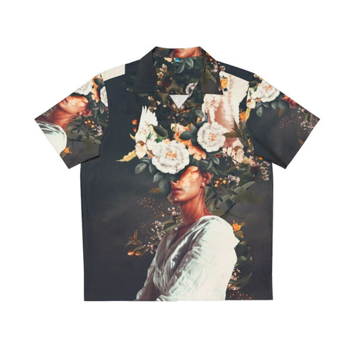 Surreal floral Hawaiian shirt with a digital collage portrait of a faceless woman