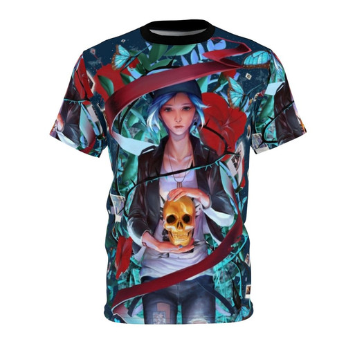 Unique alternative t-shirt design featuring a blue-haired girl with a butterfly motif, inspired by the video game Life is Strange.