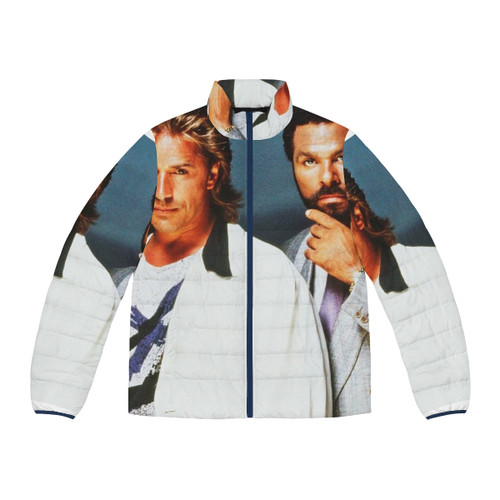 Miami Vice inspired puffer jacket with ocean and Ferrari style design