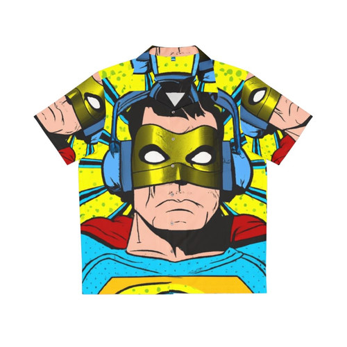 Superhero wearing headphones on a vibrant Hawaiian shirt
