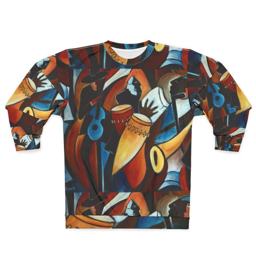 Acrylic sweatshirt with vibrant jazz and Latino music motifs