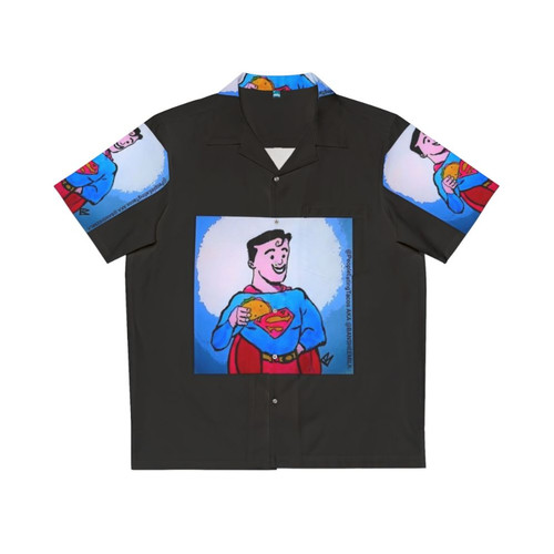 Superhero eating tacos in a Hawaiian shirt