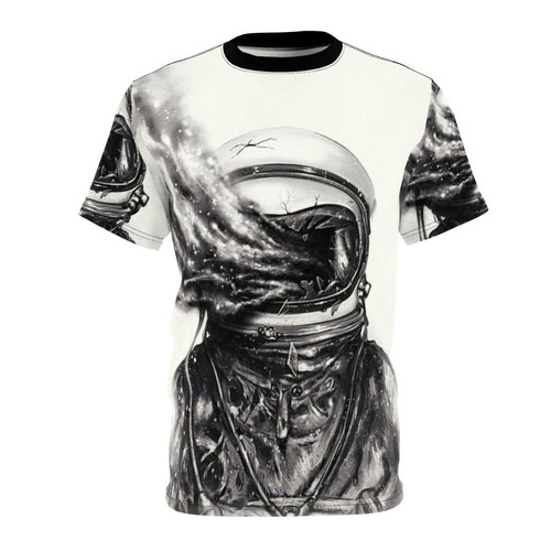 Transposed cosmic artwork t-shirt with abstract space design featuring astronaut, galaxy, and stars