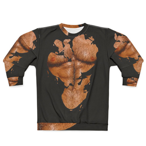 Muscular, hairy-chested man wearing sweatshirt