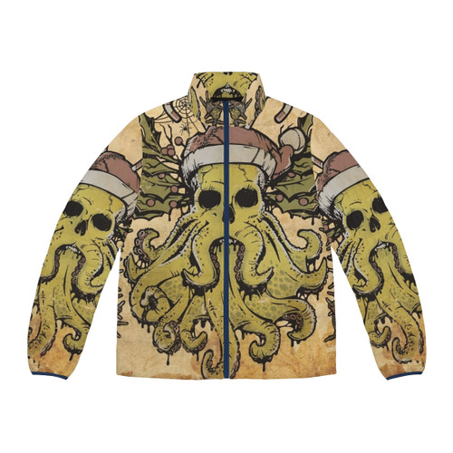Cthulhu-themed puffer jacket with winter and holiday design elements