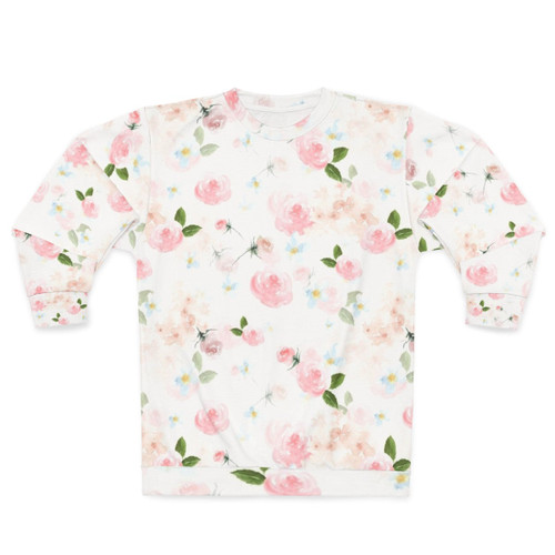 Botanical watercolor floral print on a pink sweatshirt