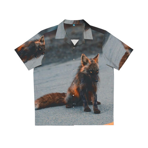 Melanistic fox printed on a vibrant Hawaiian shirt