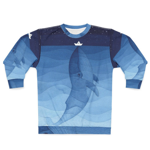 Blue whale watercolor illustration on a sweatshirt