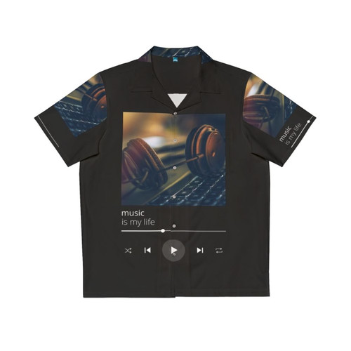 Music-themed Hawaiian shirt with musician playing guitar