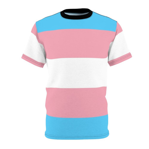Closeup of a person wearing a t-shirt featuring the transgender pride flag design