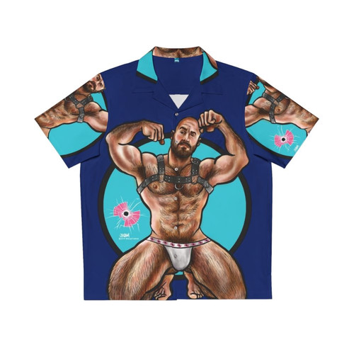 Muscular bearded man wearing a vibrant Hawaiian shirt