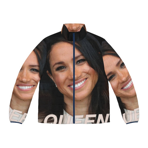Meghan Markle wearing a puffer jacket inspired by Queen Elizabeth II's iconic style