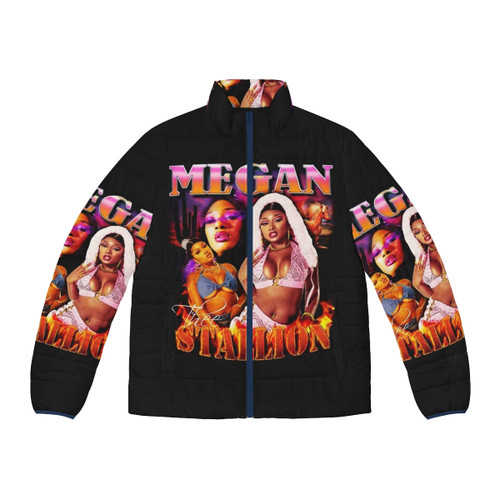 Megan Thee Stallion wearing an oversized puffer jacket in a stylish streetwear look