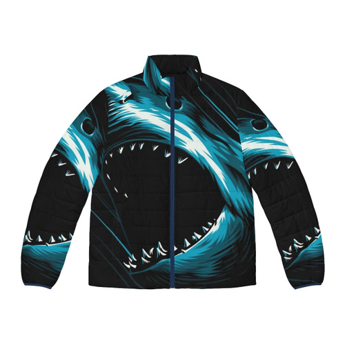 Megalodon-inspired puffer jacket with shark graphic
