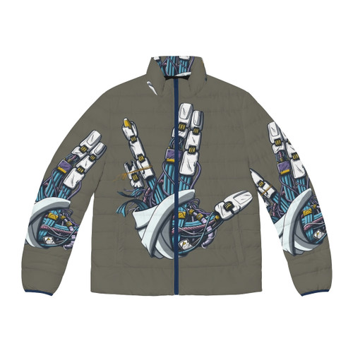 Mecha-inspired Star Trek Vulcan salute puffer jacket with sci-fi graphics
