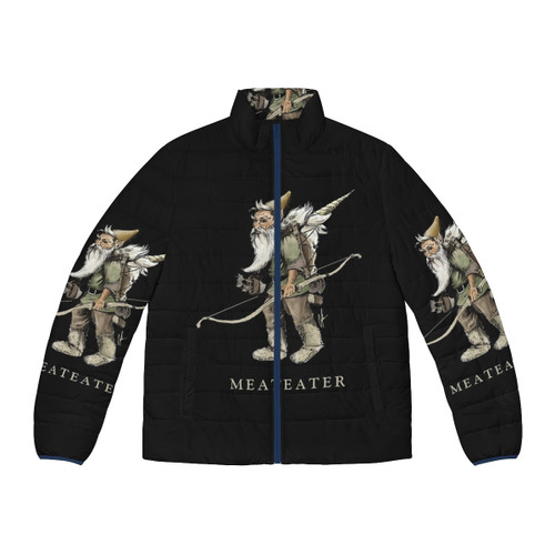 A gnome wearing a puffer jacket adorned with a unicorn design, representing the "Meat Eater" concept.