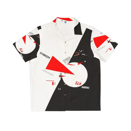 Constructivism-inspired Hawaiian shirt with abstract Soviet-style graphics