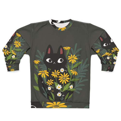 Black cat with colorful flower print on sweatshirt