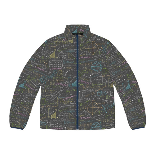 Math puffer jacket with chalkboard design and equations