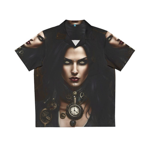 Steampunk vamp woman wearing a Hawaiian shirt with retro futuristic design
