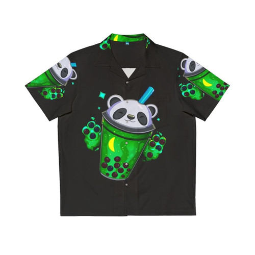 Starry panda bubble tea print on a tropical hawaiian shirt