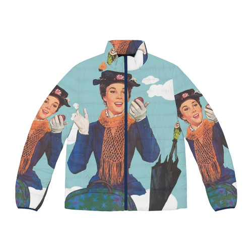 Vintage Mary Poppins Retro Puffer Jacket with Parrot Umbrella Graphic