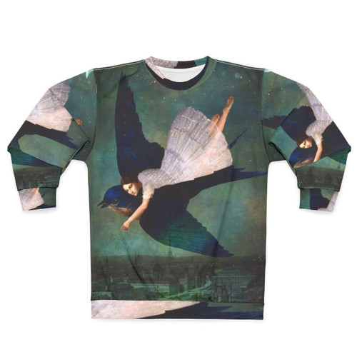 Sweatshirt with a surreal dreamscape featuring a girl flying over Paris under the night sky and stars