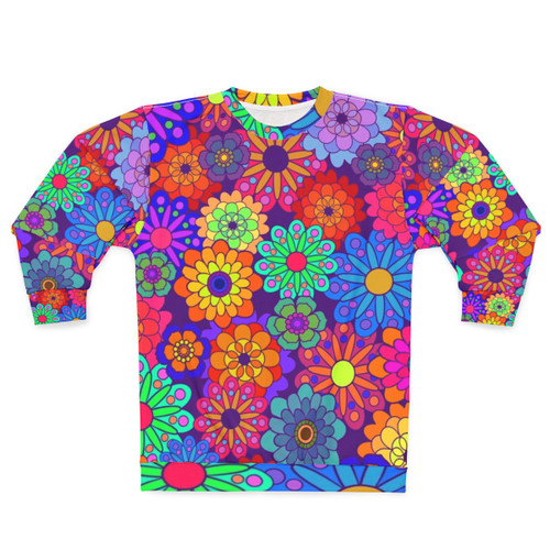 Retro floral hippie sweatshirt with colorful vintage-inspired flower design