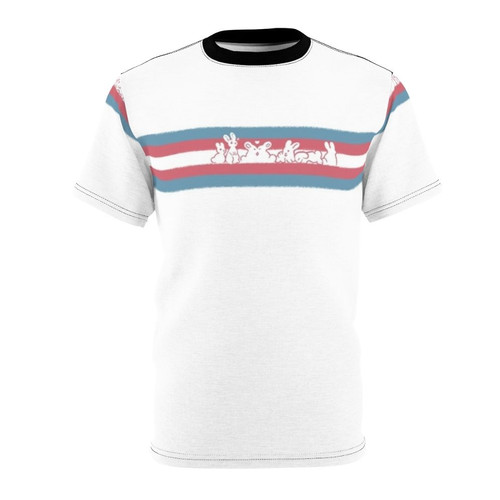 Colorful AOP T-shirt with trans pride flag and bunny design