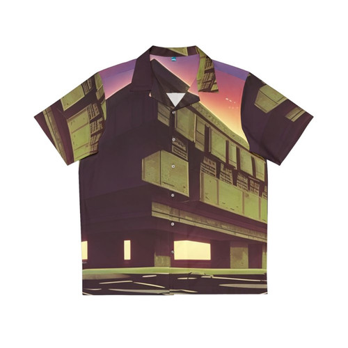 Monolith brutalist Hawaiian shirt with neon desert and cyberpunk synthwave vibes