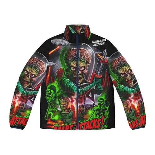 A stylish puffer jacket featuring the iconic martian design from the classic sci-fi comedy "Mars Attacks"