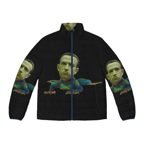 Puffer jacket with an image of Mark Zuckerberg as a lizard person