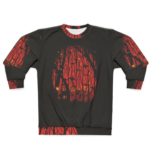 Artistic fireflies sweatshirt with forest landscape design