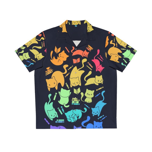 Colorful Hawaiian shirt with cats and books pattern design
