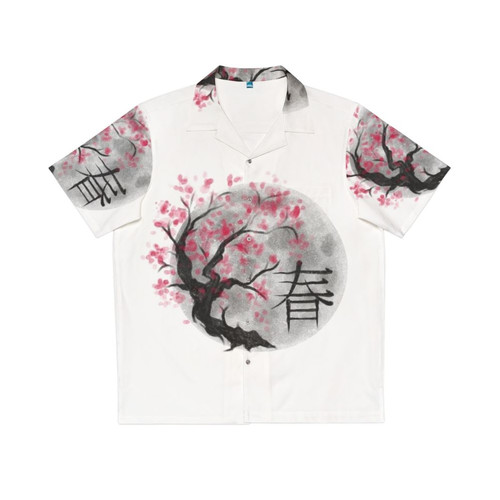 Pink and white cherry blossoms on a spring-themed Hawaiian shirt
