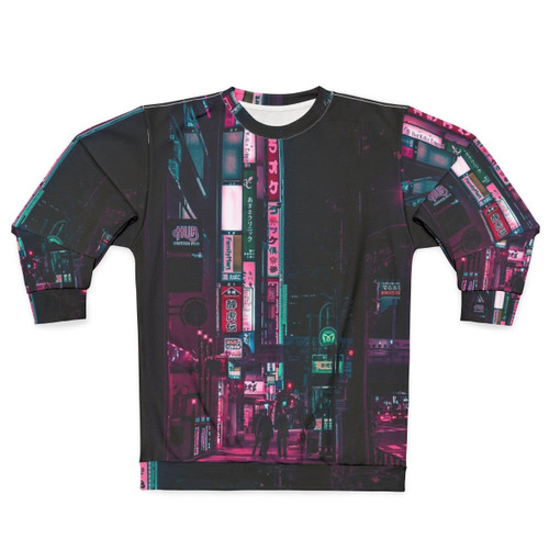 Cyberpunk-inspired sweatshirt with neon lights and urban Tokyo aesthetic