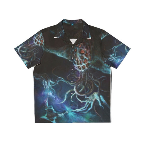 Space-themed "Make Contact" Hawaiian shirt with psychedelic alien and Cthulhu-inspired design