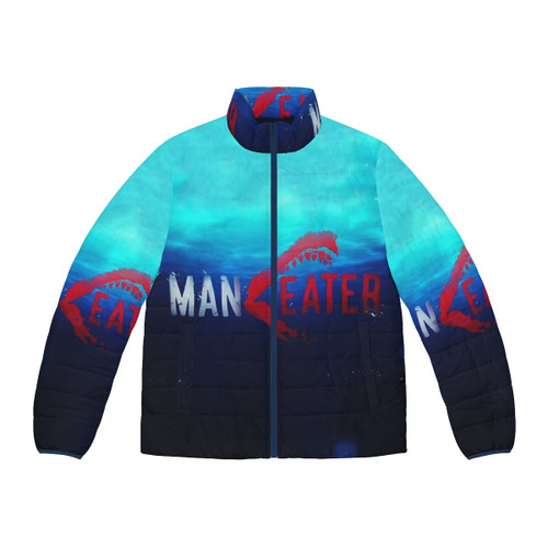 Maneater Survival Puffer Jacket featuring a shark design, perfect for outdoor winter adventures.
