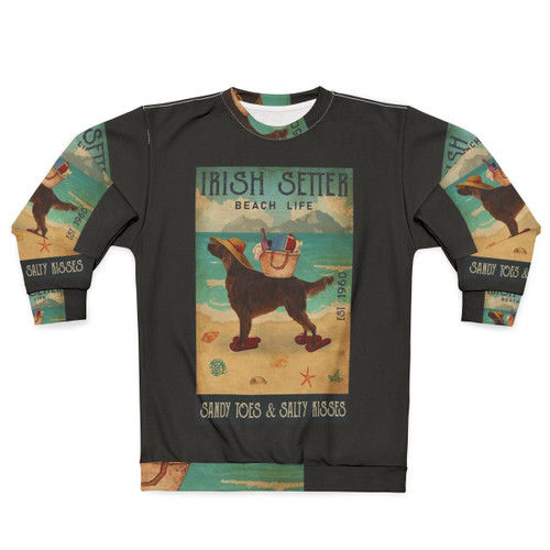 Vintage-inspired Irish Setter dog sweatshirt with beach life and sandy toes design