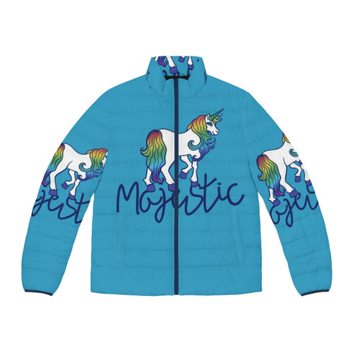 Majestic puffer jacket with a magical, unicorn-inspired rainbow and retro aesthetic design