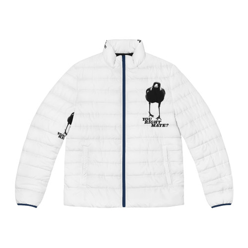 Magpie Season Puffer Jacket featuring a magpie design on a lightweight, durable puffer jacket
