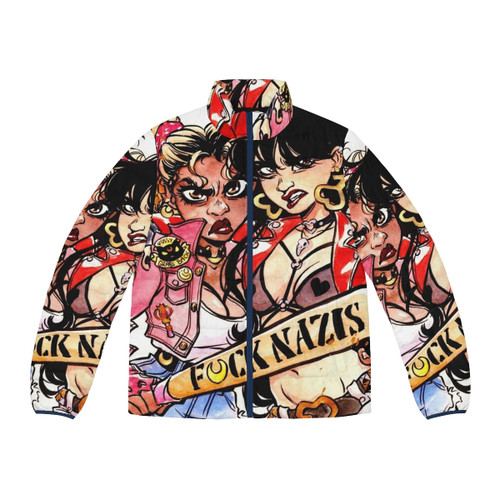 Magical girl in watercolor puffer jacket fighting against nazis