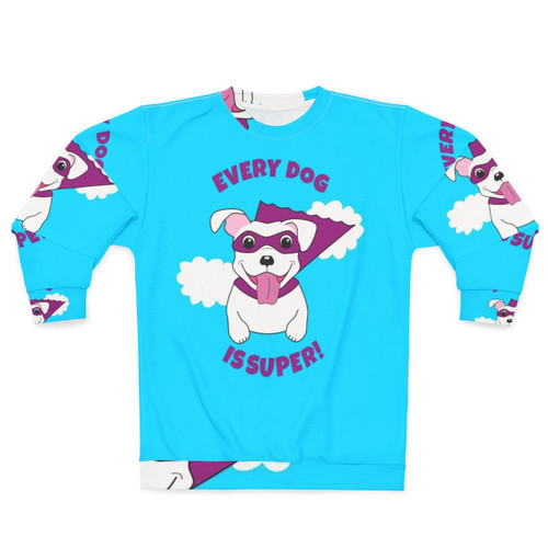 Superhero dog in a white costume with cape on a sweatshirt